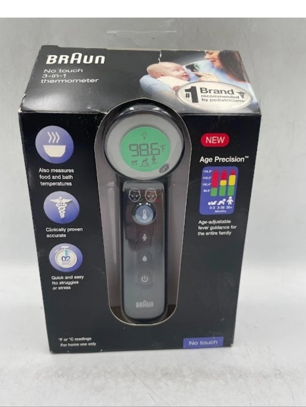 Braun No Touch 3-in-1 Thermometer Age Precision BNT400 Black - New In Box